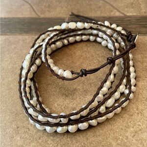 Chan Lu Elegant Pearl and Brown Leather  Wrap Bracelet